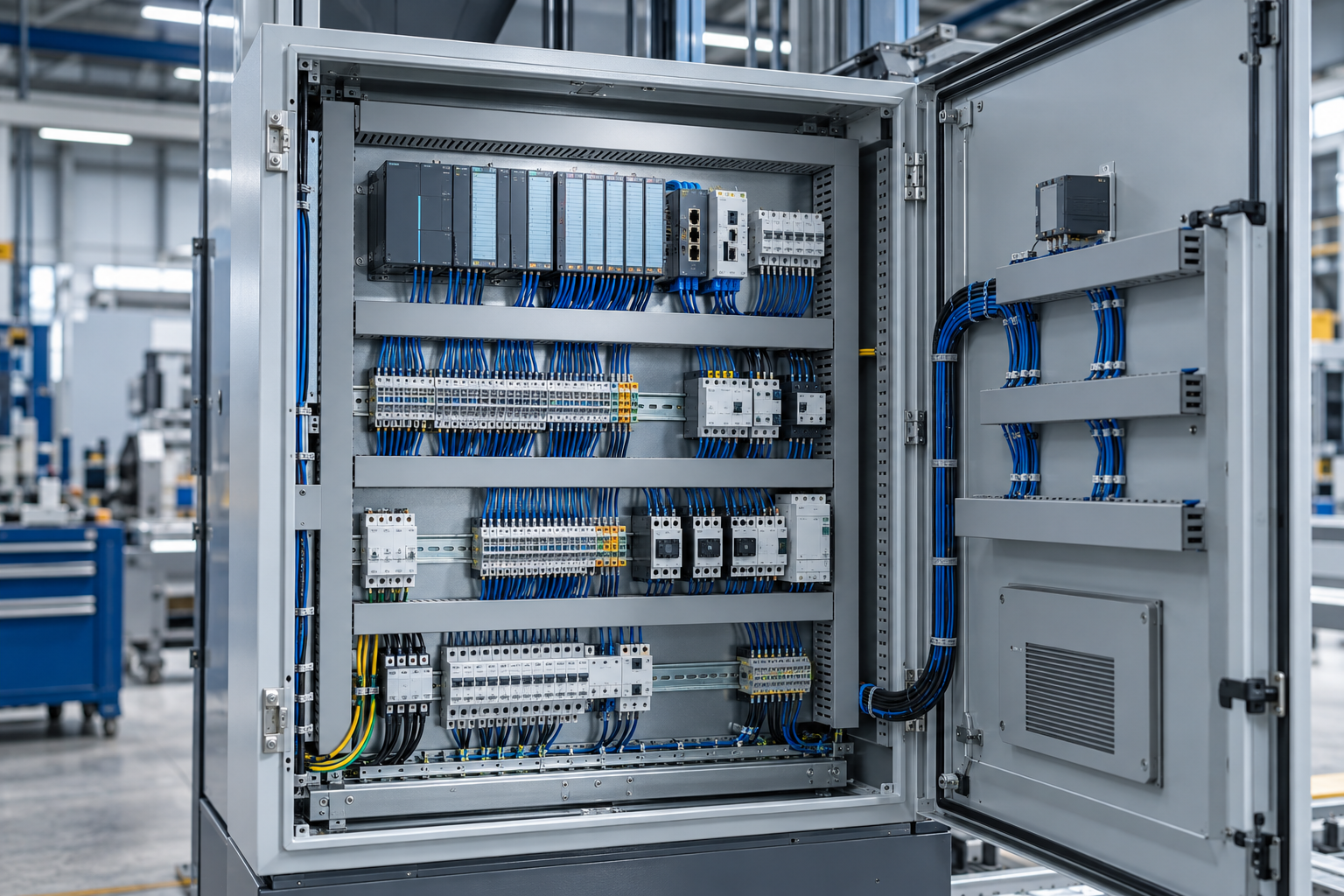 Tablero de control industrial con PLC y cableado organizado